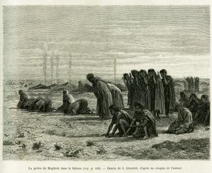 Modlitba Maghrebu na Sahaře. Rytina J. Girardeta k ilustraci příběhu Pět měsíců u kočovných Maurů západní Sahary od Camilla Doulsa, 1887, v Le Tour du monde 1888, pod vedením Édouarda Chartona (1807-1890), Hachette, Paříž