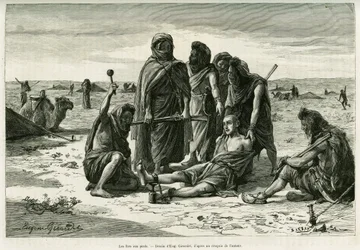 Okovy na nohou. Rytina Eugèna Girardeta k ilustraci příběhu Pět měsíců mezi kočovnými Maury západní Sahary z roku 1887 od Camilla Doulse, v Le Tour du monde 1888, pod vedením Édouarda Chartona (1807-1890), Hachette, Paříž.
