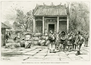 Konference Pagoda, Monkay. Rytina Eugena Burnanda, k ilustraci příběhu Sur les frontières du Tonkin, od doktora P. Neisse, in le tour du monde 1888, režie Edouard Charton (1807-1890), Hachette, Paříž.