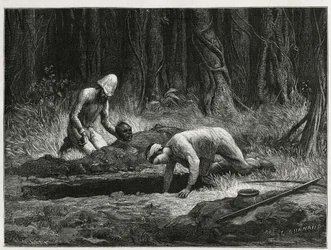 Dr. Harmand a jeho pomocník Annamite, provádějící tajné exhumace Khasových pohřbů, v Attopeu (Laos), rytina Eugena Burnanda, k ilustraci příběhu Laosu a divokých populací Indočíny od Dr. Harmanda, v roce 1877, zveřejněno v prohlídce du