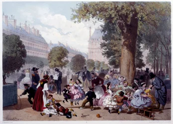 Pohled na allee des foliants aux Tuileries v Paříži Děti, školky a chodítka. Grafiky Eugena Guerarda (1821-1866) 1856 Paříž, Musee Carnavalet