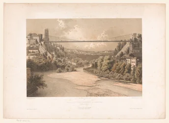 Gezicht op de hangbrug nad de Sarine, te Fribourg Švýcarsko Savojsko a Tyrolsko / Profil visutého mostu ve Fribourgu (kanton Fribourg) (název na objektu)