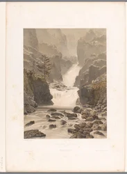 Pohled na vodopád Barberine poblíž Vallorcine Cascade de Barberine (název na objektu) Památky ve Švýcarsku, Savojsku a Tyrolsku (název série) La Suisse, la Savoie et le Tyrol (název série na objektu)
