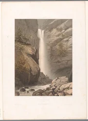 Pohled na vodopád Dard Cascade du Dard (název na objektu) Památky ve Švýcarsku, Savojsku a Tyrolsku (název série) La Suisse, la Savoie et le Tyrol (název série na objektu)