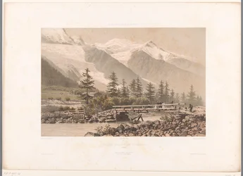 Pohled na údolí Chamonix s řekou Arve Cena Vue dans la Vallée de Chamonix (název na objektu) Památky ve Švýcarsku, Savojsku a Tyrolsku (název série) La Suisse, la Savoie et le Tyrol (název série na objektu)