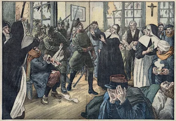 1914, první světová válka: Amelie Rigard, známá jako sestra Julie, brání zraněné své nemocnice před německými vojáky. Gerbeviller, Meurthe a Moselle (54). Ilustrace Damblans. V ""Le Pelerin"" ze 17. května