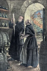 Dom Pierre Pérignon (1639-1715), benediktinský mnich, vynálezce postupu výroby šampaňského. Ilustrace Damblanse.