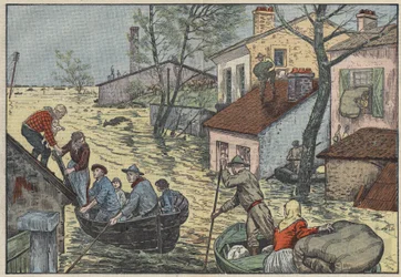 Povodně v Louisianě (USA): Před hrozivými vlnami Mississippi jsou farmáři a lovci nuceni opustit své domovy a pole. Ilustrace Damblans. V „Le Pelerin“ z 15. května