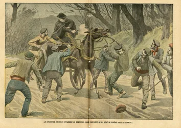Ilustrace Eugene Damblans (1865-1945) v Le Pelerin, 31/01/04 - Zemědělští grevisté napadli správce nemovitosti M. Sere de Riviere - Sociální, Různá fakta, Greve, Doprava, Zemědělství, Les, Caleche Fiacre Cab - Dělník, Koně,