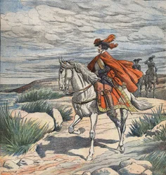 Ilustrace k filmu "Les Trois Mousquetaires" (Tři mušketýři), začátek 20. století (rytina)