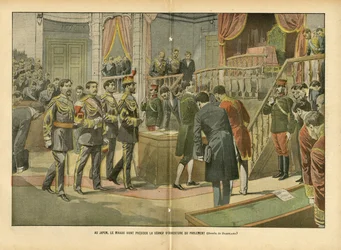 Ilustrace Eugene Damblans (1865-1945) v Le Pelerin, 03.04.04 - V Japonsku Mikado předsedající zahajovacímu zasedání parlamentu - Japonsko, Sněmovna reprezentantů Hemicycle, Mikado, Vnitřní architektura - Mikado
