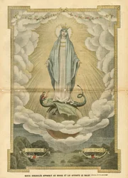 Ilustrace Eugene Damblans (1865-1945) v Le Pelerin, 4.12.04 - Neposkvrněná Marie se zjevuje světu a přináší mu spásu - Náboženství Víra, Katolický katolicismus - Neposkvrněné početí - Marie, Drak - Mraky - Země