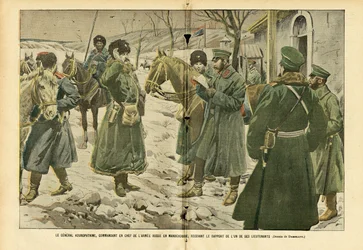 Ilustrace Eugene Damblans (1865-1945) v Le Pelerin, 5.3.2005 - Generál Kuropatkin, vrchní velitel ruské armády v Mandžusku, přijímá hlášení jednoho ze svých poručíků - Rusko, Armea, Mandžusko, Rus -Japonská válka, sníh - generál
