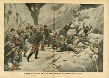 Ilustrace Eugene Damblans (1865-1945) v Le Pelerin, 3. 6. 2004 - Lavina v průsmyku Pare v Alpách, která způsobila několik úmrtí u 157. pěchoty - různá fakta, Armee, Horolezectví Horolezectví, pěchota , Alpy, Avalanche - Voják