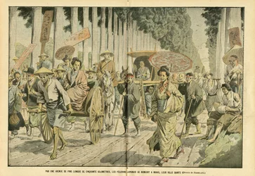 Ilustrace Eugene Damblans (1865-1945) v Le Pelerin, 9. 4. 2005 - Padesát kilometrů dlouhou alejí Pines míří japonští pelerini do Nikko, jejich svatého města - Náboženství Víra, Japonsko, Móda, Strom, Nikko - Pelerináže