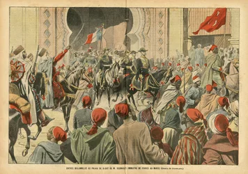 Ilustrace Eugene Damblans (1865-1945) v Le Pelerin, 20. 10. 7 - Slavnostní vstup do Palais de Rabat panem Regnaultem, ministrem Francie v Maroku - Kolonizace kolonií kolonialismu, architektura Urbanisme, Maroko, oficiální návštěva - Regnault Euge