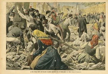 Ilustrace Eugene Damblans (1865-1945) v Le Pelerin, 24/09/05 - Italský král navštěvuje kalábrijské vesnice zničené zemětřesením - Různá fakta, Itálie, Architektura Urbanismus, Destrukce budov, Přírodní katastrofa, Zemětřesení, Kalábrie -