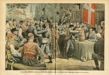 Ilustrace Eugene Damblans (1865-1945) v Le Pelerin, 27. 8. 2005 - Norské volby, uprostřed všeobecného nadšení, ratifikovaly porušení paktu odborů se Švédskem - Volby, městská architektura, dav, Švédsko, Norsko - Urn