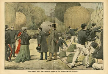 Ilustrace Eugene Damblans (1865-1945) v Le Pelerin, 29/10/05 - královna Ranavalo se účastní, v Tuileries Garden, party Aero-Club - Balloons airships zeppelin aerostation, Paříž, Madagaskar, Public Garden, Foreign Sovereigners, Tuileries - Ranava