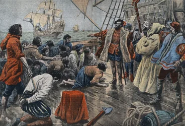 Ilustrace posádky Ferdinanda de Magellan, která mu po neúspěšné vzpouře přísahá na kříži věrnost - Fernand de Magellan (1480-1521), portugalský mořeplavec uklidňuje pobuřování své posádky a poté, co mu odpustí, ho přinutí přísahat věrnost