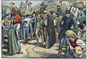 Lupiči zatčení italskou fašistickou policií. Sicílie, Itálie. Ilustrace Damblans. V „Le Pelerin“ ze 14. února