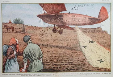 Setí semene z letadla v sovětském Rusku, ilustrace pro časopis 