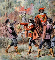 Mušketýr z Artagnana, doprovázený svým přítelem Porthosem, ohrožuje protivníka svou pistolí - Ilustrace Damblans k románu "Tři mušketýři" od Alexandra Dumase v "Diary des roman populaires illustres""" začátek 20. století -