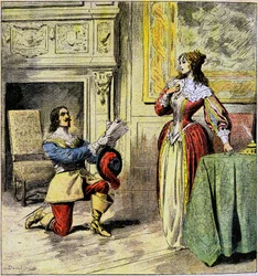 Mušketýr z Artagnanu klečí u nohou královny Anny Rakouské, aby vrátil její dopisy - Ilustrace Damblans k románu „Ving ans Apres“ od Alexandra Dumase v „Journal of Illustrous Folk Romans““, začátek 20. století