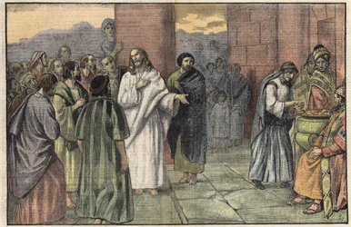 Oběť vdovy. Evangelium podle svatého Marka, kapitola 12, v. 41-44. Ilustrace Damblans. V „“Le Pelerin““ z 28. června