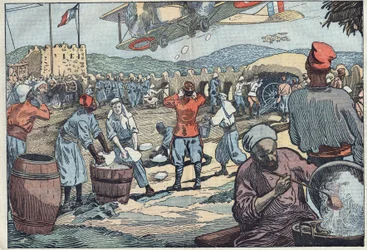 Válka v Maroku: Francouzská letadla dodávají led do obležení srubu disidentskými Maročany. Ilustrace Damblans. V „Le Pelerin“ z 24. května