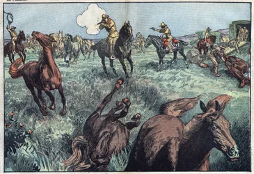Divocí koně jsou poráženi ve Spojených státech. Ilustrace Damblans. V „Le Pelerin“ z 31. ledna