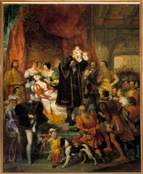 Narození krále Jindřicha IV. dne 13/12/1553 na zámku Pau: Jana III., známá jako Jana d’Albret, porodí budoucího krále a ukazuje ho návštěvníkům v doprovodu jeho otce Antoina de Bourbon