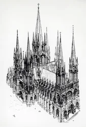 Izometrický pohled na ideální katedrálu, kresba Eugèna Emmanuela Viollet-le-Duca (1814-1879) ze Slovníku francouzské architektury od 11. do 16. století