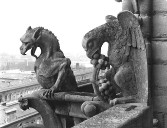 Chrliče z balustrády Grande Galerie západního průčelí, replika originálu z 12. století (kámen) (čb foto)
