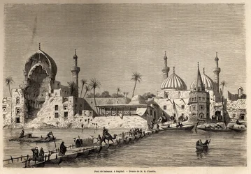 Lodní most v Bagdádu, kresba Eugèna Flandina (1809-1876), ilustrující jeho cestu do Mezopotámie v letech 1840-1842. Rytina v „Le Tour du Monde“, 1861. Sbírka Selva.