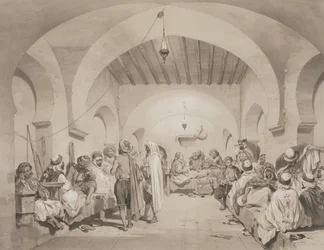Cafe du Divan, Alžír, ze svazku připomínajícího francouzské expediční síly, které dobyly Alžír v roce 1830, vyryl Adolphe Jean-Baptiste Bayot (1810-66)