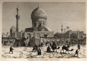 Náměstí Marche a mešita Ahmet Khiaia v Bagdádu, kresba Eugena Flandina (1809-1876), ilustrující jeho cestu do Mezopotámie v letech 1840-1842. Rytina v “”Le tour du monde”” 1861. Selva sbírka.