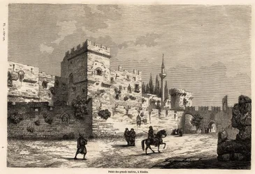 Palác velkých mistrů na Rhodosu, kresba Eugena Flandina, k ilustraci jeho cesty na ostrov Rhodos v roce 1844. Rytina „“ Le tour du monde“, editoval Edouard Charton