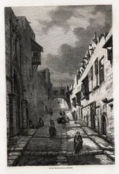 Rue des chevaliers na Rhodosu, kresba Eugena Flandina, pro ilustraci jeho cesty na ostrov Rhodos v roce 1844. Rytina v „“Le tour du monde“, editoval Edouard Charton