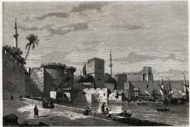Pohled na přístav Rhodos a bránu Aubusson, kresba Eugena Flandina, k ilustraci jeho cesty na ostrov Rhodos v roce 1844. Rytina „“Le tour du monde“, editoval Edouard Charton