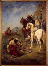 Lov sokola v Alžírsku: lék. Obraz Eugene Fromentin (1820-1876)
