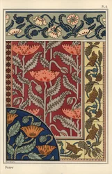 Mák, Papaver somniferum, ve vitrážích, tapetách, tkaninách a vzorech dlaždic. Litografie Marc Mangin