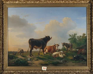 Býk, kráva, osel, koza, ovce a drůbež v rozsáhlé krajině, 1849