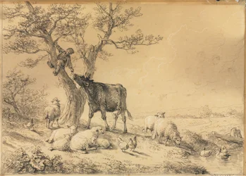 Krajina se zvířaty a chlapec ve stromě, 1866.