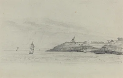 Pobřežní krajina s lodní dopravou, větrný mlýn v dálce, c. 1858.