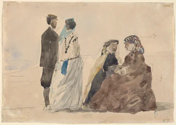 Dvě sedící dámy a pár na pláži, c. 1866.