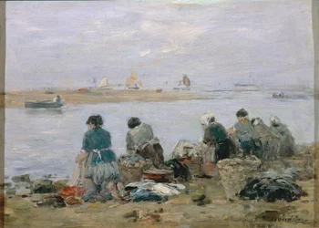 Pračky na břehu řeky Touques poblíž Trouville, Eugene Boudin, malba