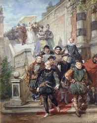 Královský průvod sestupující po schodech v zahradě, 1869