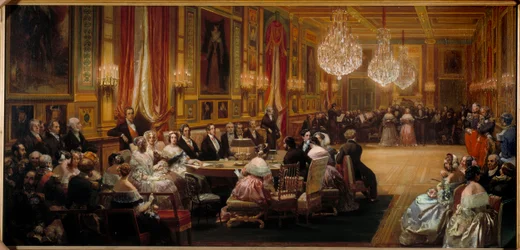 Aubert diriguje pěvce opery Comique před Ludvíkem Filipem I. (1773-1850), královskou rodinou, královnou Viktorií a princem Albertem. Obraz Eugene Louis Lami (1800-1890) 1844 Ne. 0,83 x 1,72 m