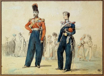 Plesový oblek: dva muži ve vojenské uniformě. Kresba Eugene Louis Lami (1800-1890) Paříž 19. století, muzeum Louvre